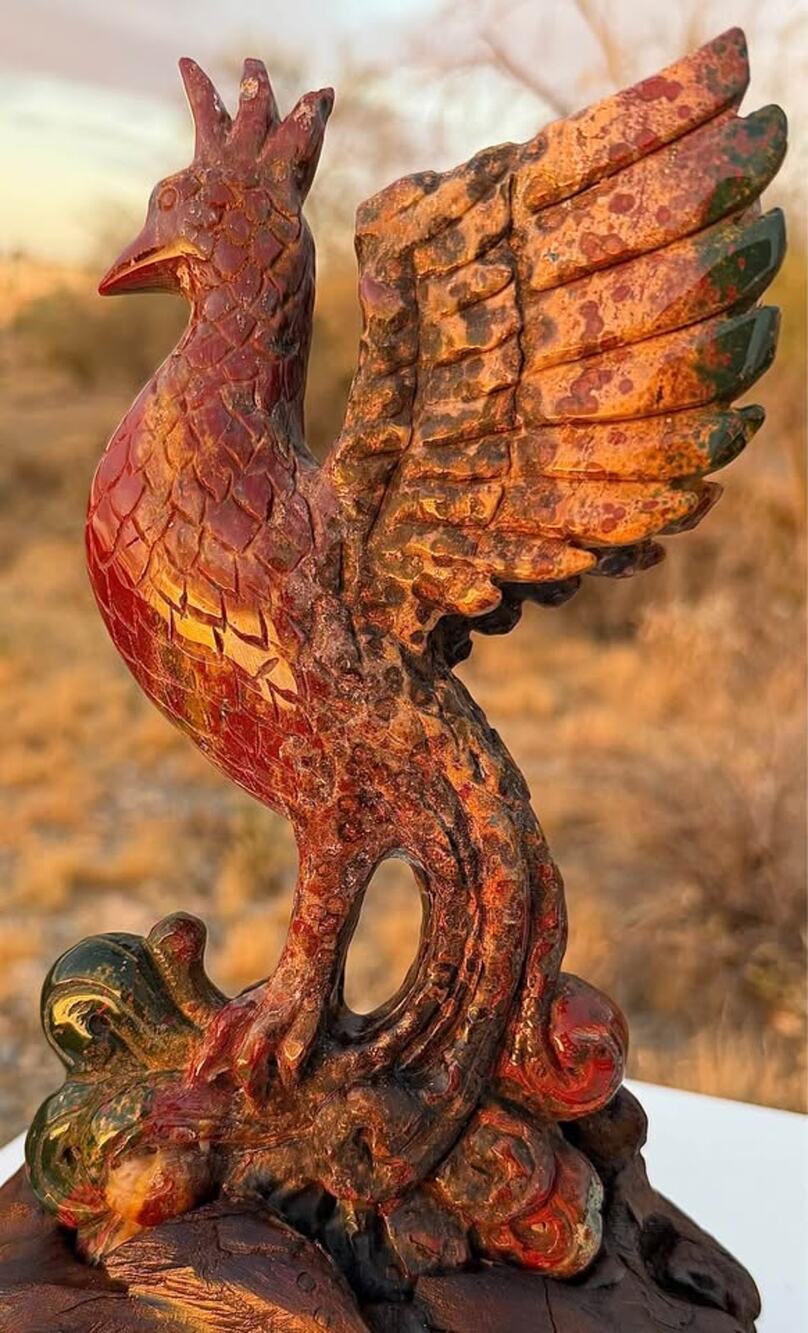 Hand-Carved Ocean Jasper Phoenix Sculpture on Display Base | Natural Crystal